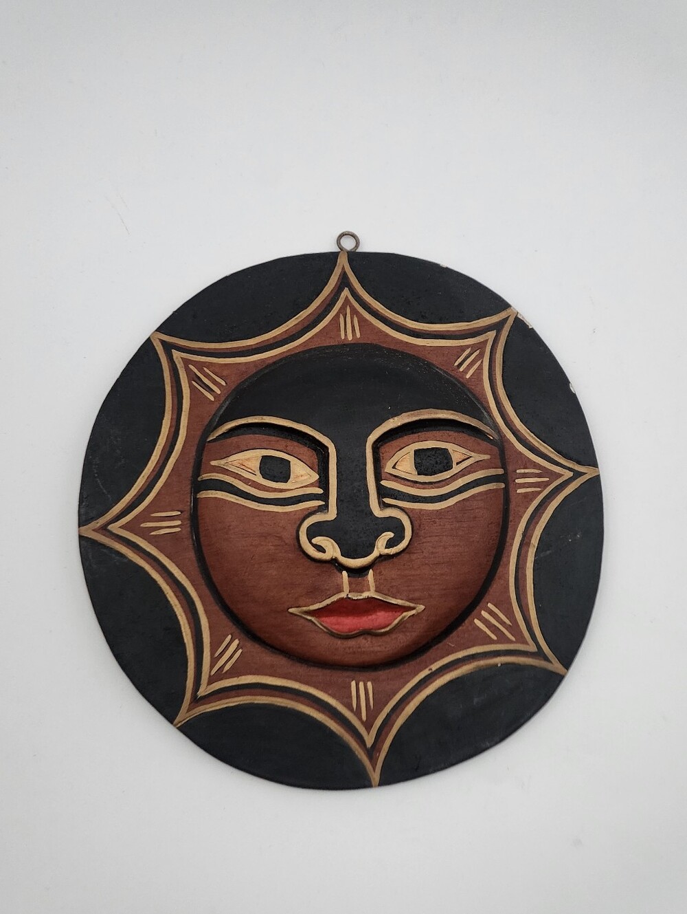 Handmade Vintage Folk Art Indonesian Wooden Celestial Sun Mask Wall Plaque